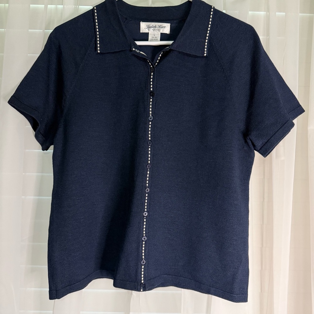Judith Hart Vintage Silk Blend Knit Polo Top Navy Blue Costal Grandma Aesthetic
